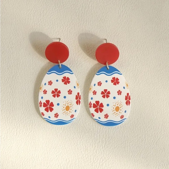 Red & Blue Floral Easter Egg Dangle Earrings - Picture 3 of 4